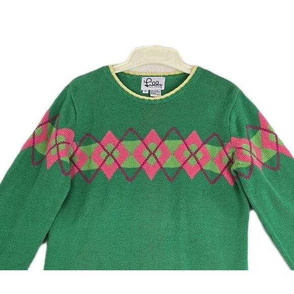 Lilly Pulitzer Sweater Womens Medium Green Argyle Crewneck Pullover Cotton - Picture 3 of 9